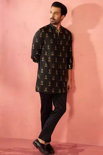 Black fine satin kurta with cotton lycra pant - modern festive set