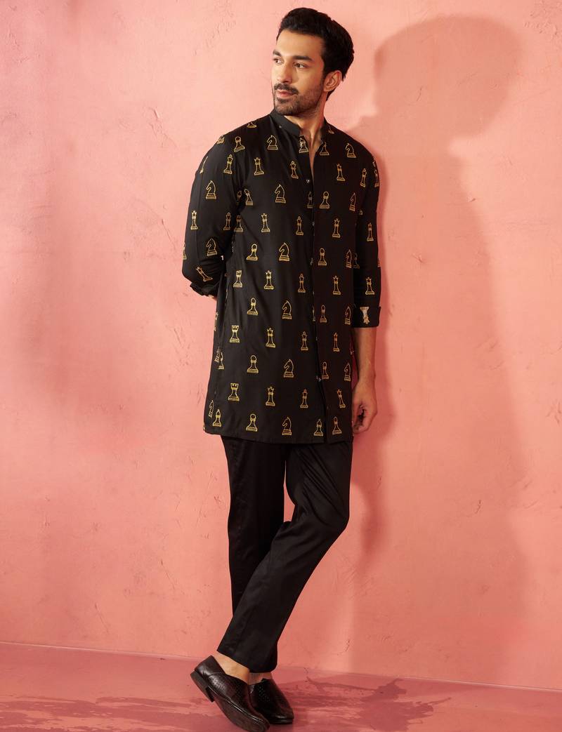 Black fine satin kurta with cotton lycra pant - modern festive set