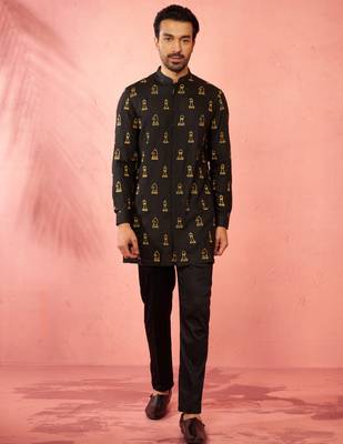 Black fine satin kurta with cotton lycra pant - modern festive set 3