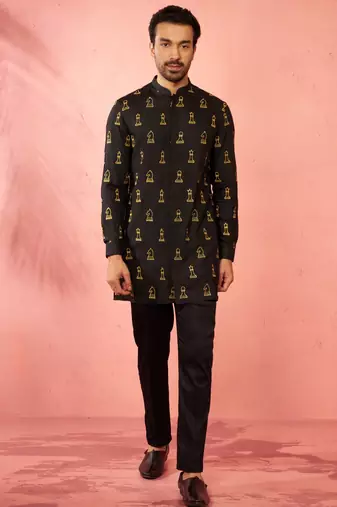 Black fine satin kurta with cotton lycra pant - modern festive set