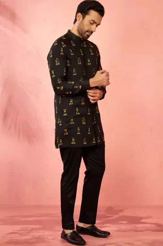 Black fine satin kurta with cotton lycra pant - modern festive set