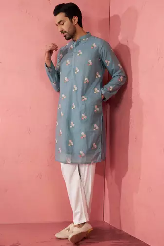 Blue cotton kurta with cream pyjama - designer festive set