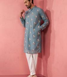 Blue cotton kurta with cream pyjama - designer festive set