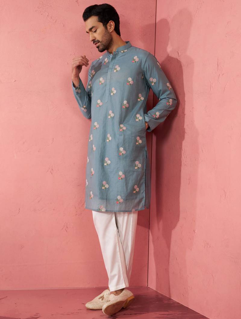 Blue cotton kurta with cream pyjama - designer festive set