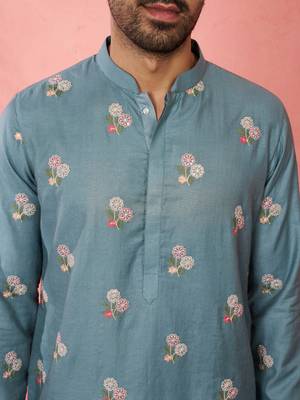 Blue cotton kurta with cream pyjama - designer festive set 2