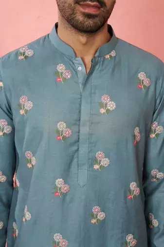 Blue cotton kurta with cream pyjama - designer festive set