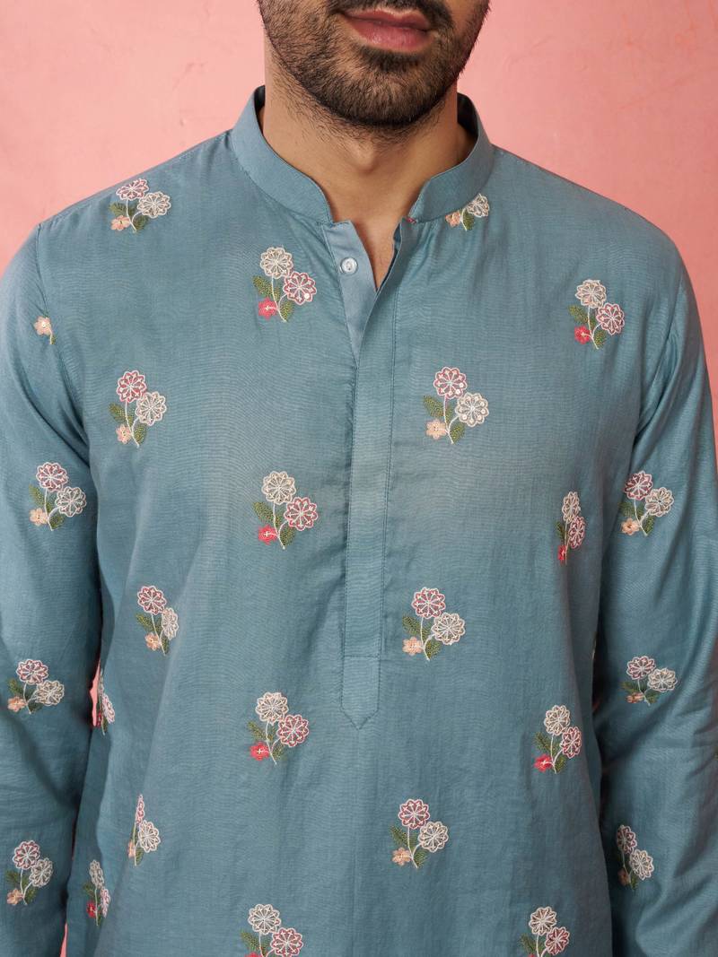 Blue cotton kurta with cream pyjama - designer festive set
