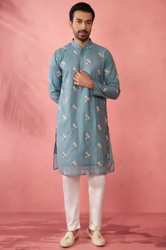 Blue cotton kurta with cream pyjama - designer festive set