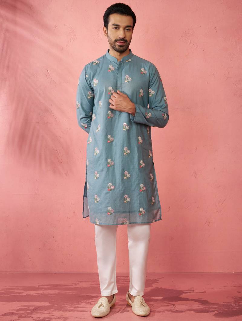 Blue cotton kurta with cream pyjama - designer festive set