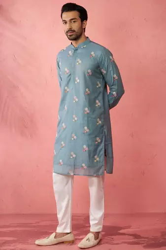 Blue cotton kurta with cream pyjama - designer festive set