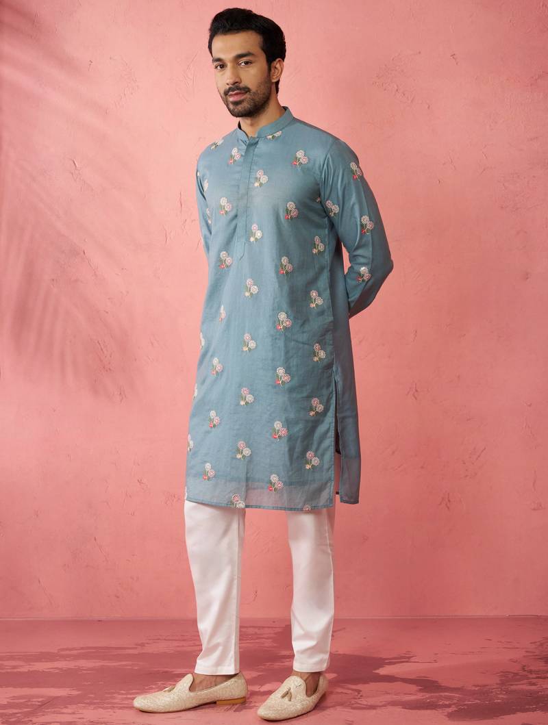 Blue cotton kurta with cream pyjama - designer festive set