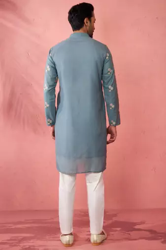 Blue cotton kurta with cream pyjama - designer festive set