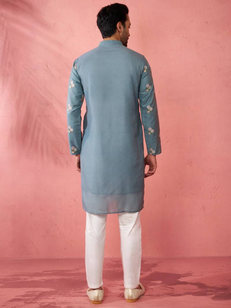 Blue cotton kurta with cream pyjama - designer festive set