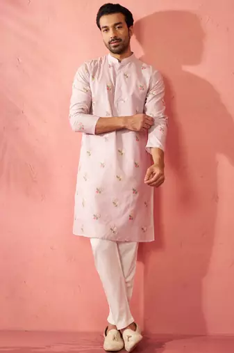 Lavender cotton kurta with cream pyjama - sequin embroidered set