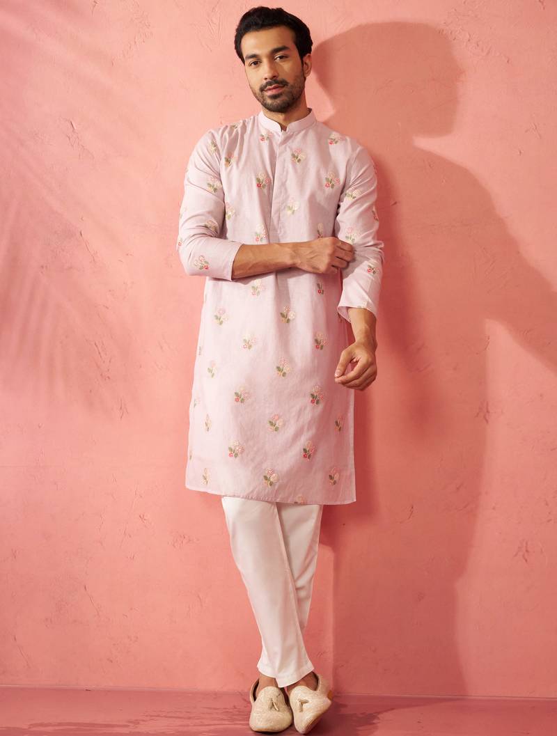 Lavender cotton kurta with cream pyjama - sequin embroidered set