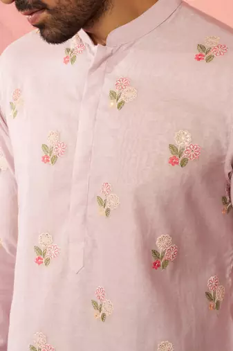 Lavender cotton kurta with cream pyjama - sequin embroidered set