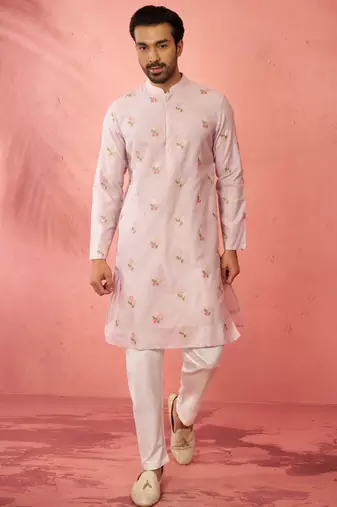 Lavender cotton kurta with cream pyjama - sequin embroidered set