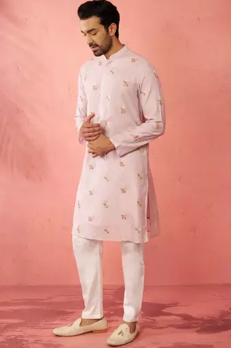 Lavender cotton kurta with cream pyjama - sequin embroidered set