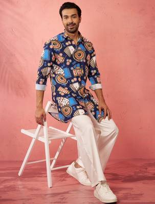 Blue digital print kurta with cream palazzo set - traditional festive wear 1
