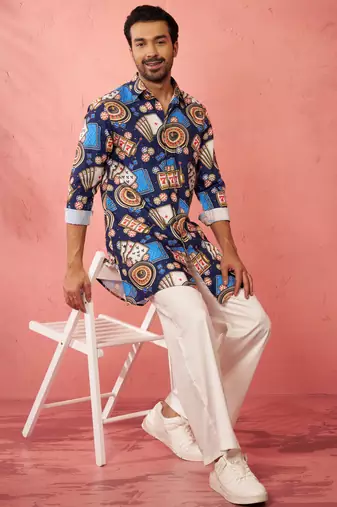 Blue digital print kurta with cream palazzo set - traditional festive wear