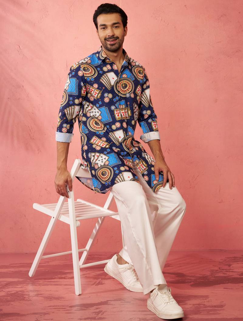 Blue digital print kurta with cream palazzo set - traditional festive wear