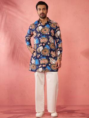 Blue digital print kurta with cream palazzo set - traditional festive wear 3
