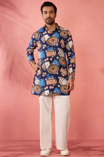 Blue digital print kurta with cream palazzo set - traditional festive wear