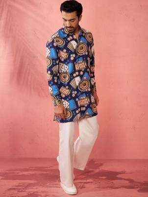 Blue digital print kurta with cream palazzo set - traditional festive wear 4