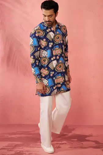 Blue digital print kurta with cream palazzo set - traditional festive wear