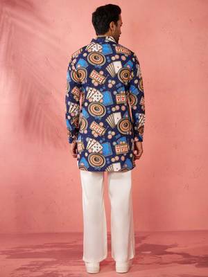 Blue digital print kurta with cream palazzo set - traditional festive wear 5