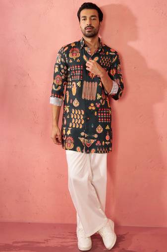 Bottle green digital print kurta with cream palazzo set - festive wear