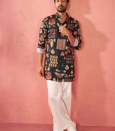 Bottle green digital print kurta with cream palazzo set - festive wear