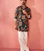 Bottle green digital print kurta with cream palazzo set - festive wear