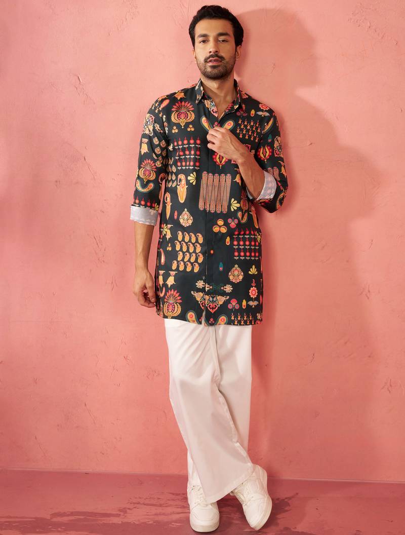 Bottle green digital print kurta with cream palazzo set - festive wear