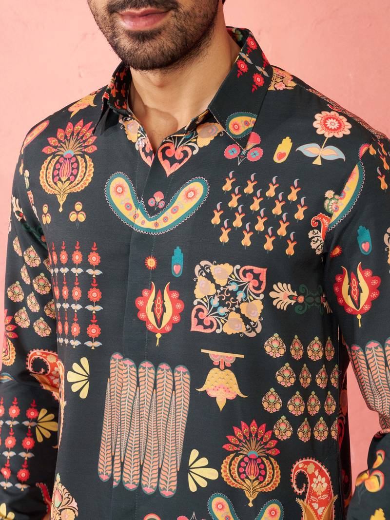 Bottle green digital print kurta with cream palazzo set - festive wear