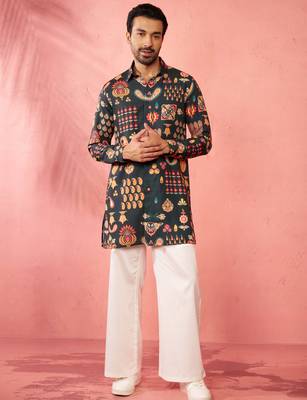 Bottle green digital print kurta with cream palazzo set - festive wear 3