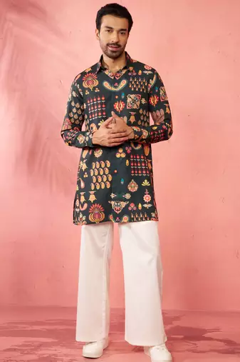 Bottle green digital print kurta with cream palazzo set - festive wear
