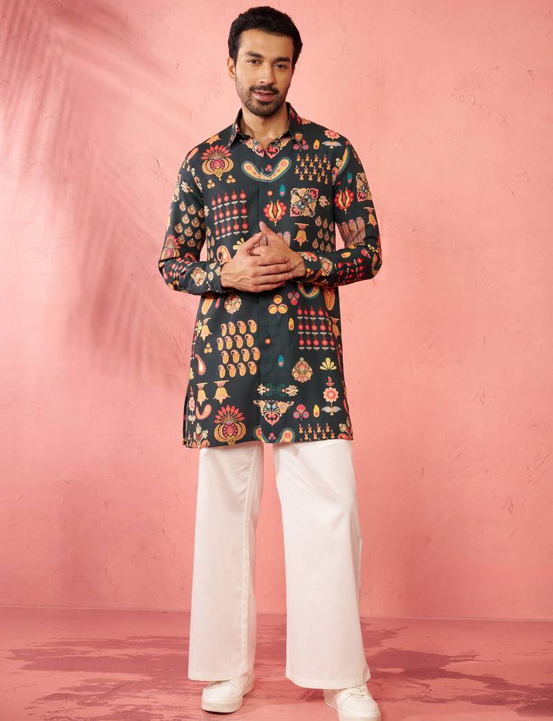 Bottle green digital print kurta with cream palazzo set - festive wear