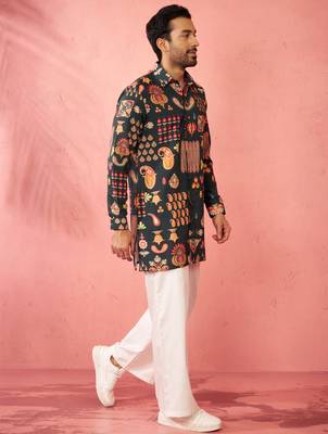 Bottle green digital print kurta with cream palazzo set - festive wear 4