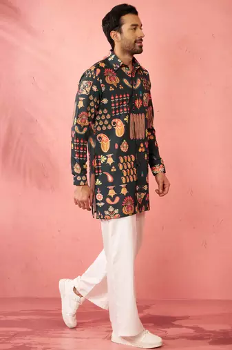 Bottle green digital print kurta with cream palazzo set - festive wear