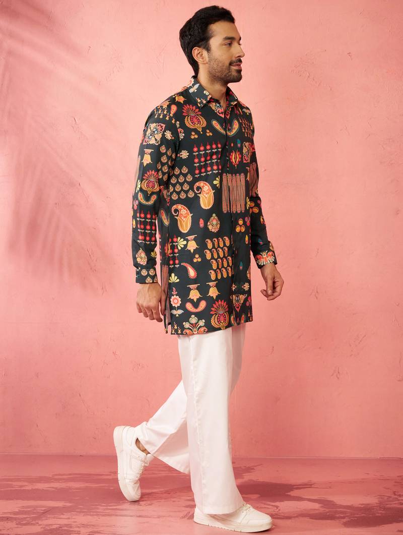 Bottle green digital print kurta with cream palazzo set - festive wear