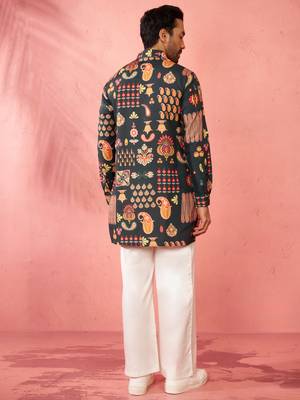 Bottle green digital print kurta with cream palazzo set - festive wear 5