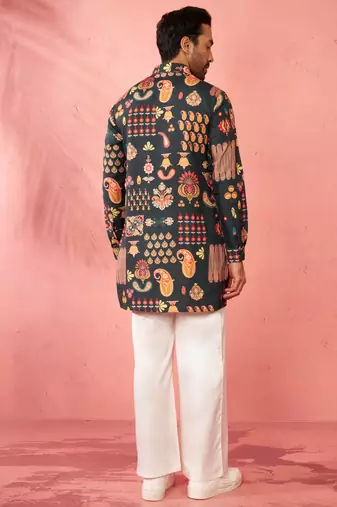 Bottle green digital print kurta with cream palazzo set - festive wear