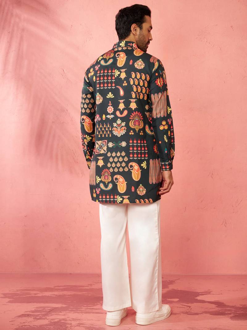 Bottle green digital print kurta with cream palazzo set - festive wear