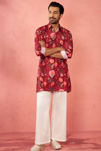 Maroon rayon kurta with cream flare pant - digital print set