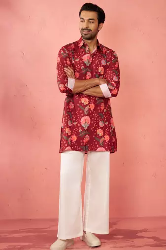 Maroon rayon kurta with cream flare pant - digital print set