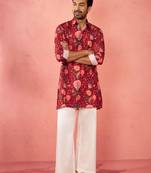 Maroon rayon kurta with cream flare pant - digital print set