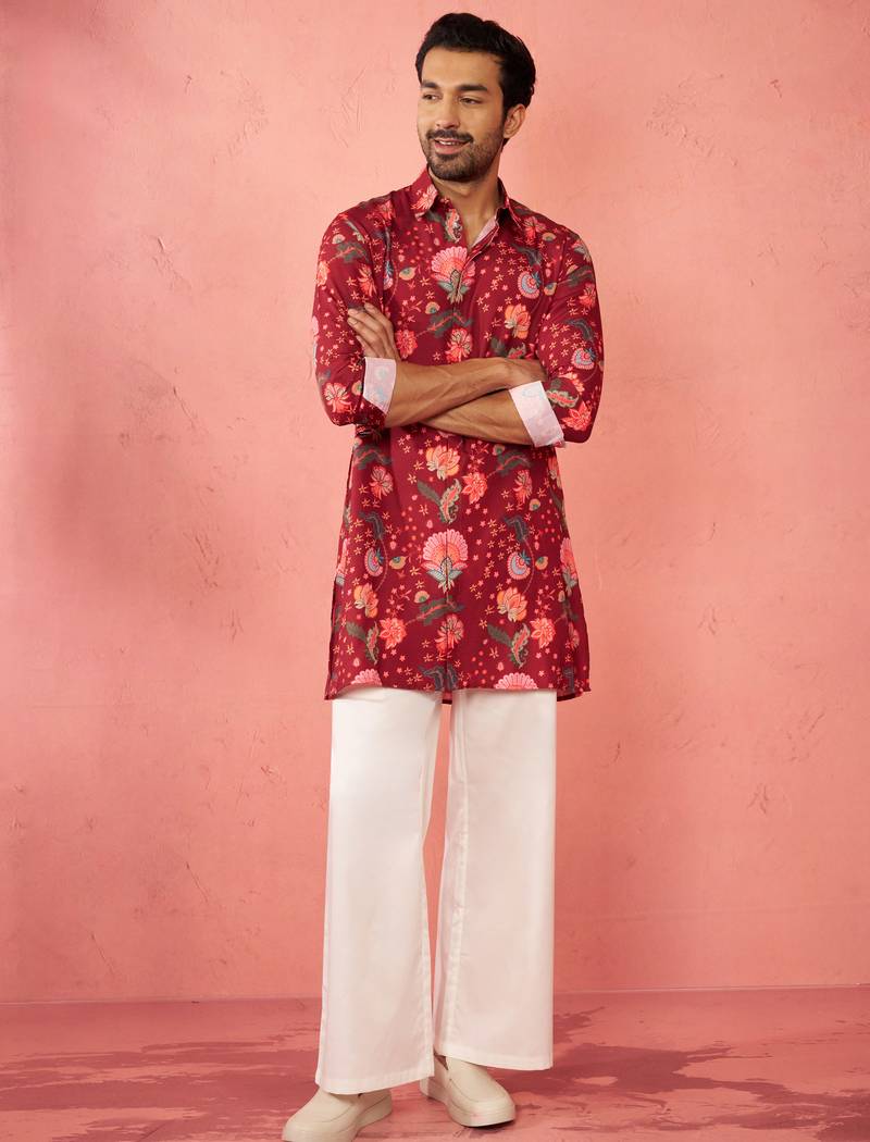 Maroon rayon kurta with cream flare pant - digital print set