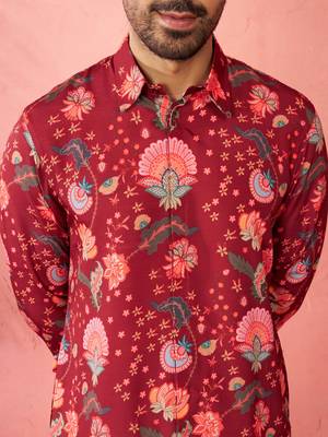 Maroon rayon kurta with cream flare pant - digital print set 2