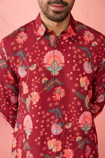 Maroon rayon kurta with cream flare pant - digital print set